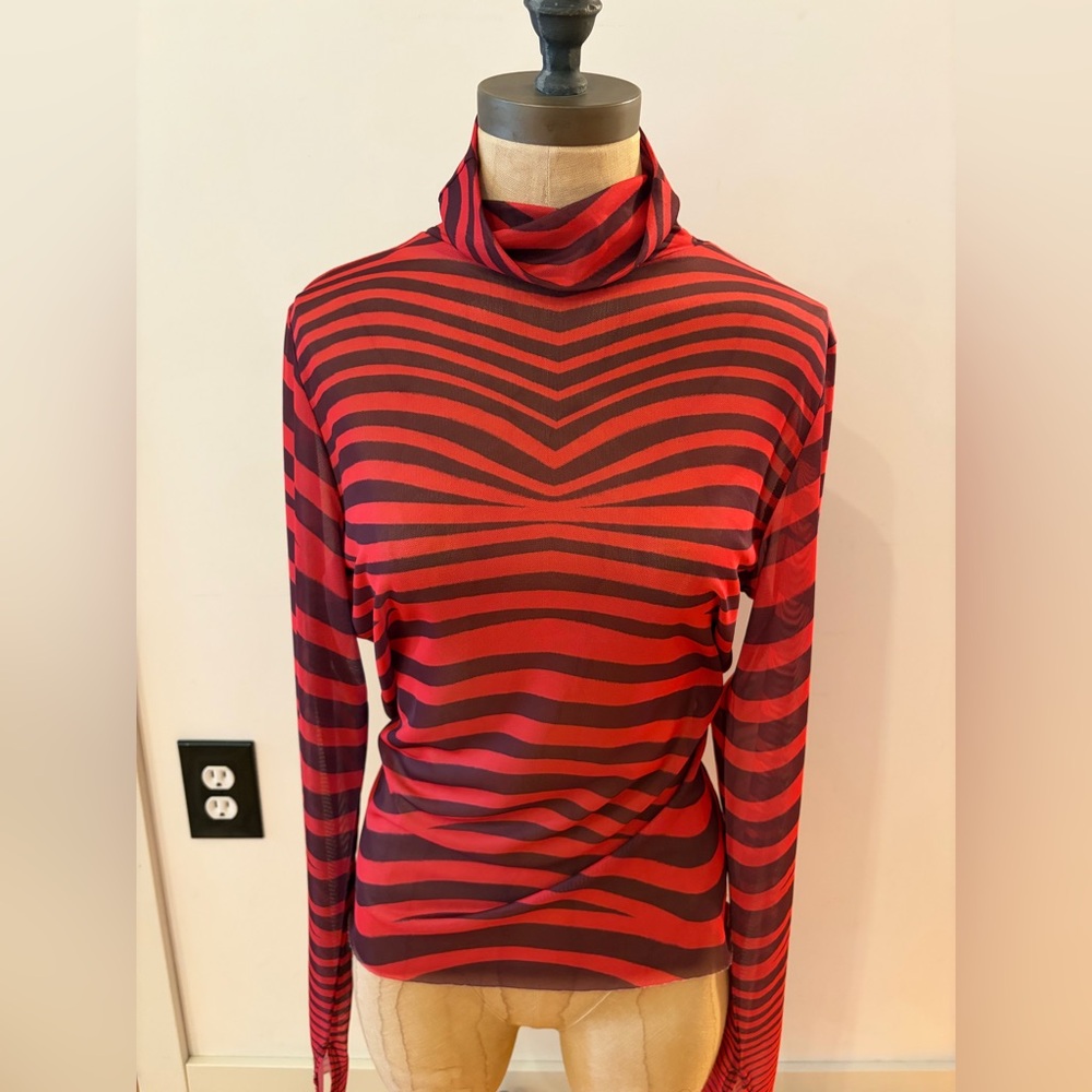 AFRM Zadie Red and Black Striped Long Sleeve Sheer Turtleneck Top